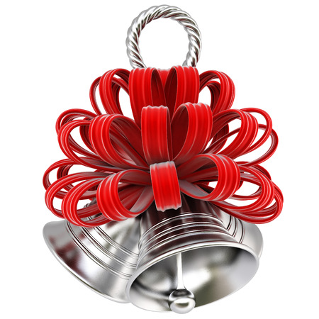 silver bell with a red bow. isolated on white.の写真素材