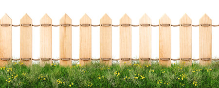 seamless wooden fence and grass. isolated on a white background.の写真素材