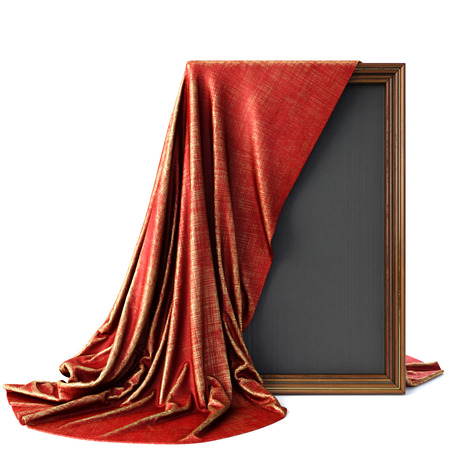 Wooden frame covered with a luxurious red cloth. Isolated on white background.の写真素材