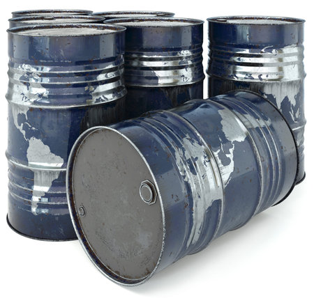 rusty oil barrel with a world map. Isolated on a white background. Earth map furnished by NASA.