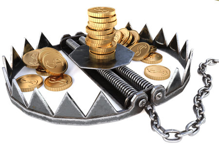 trap with gold coins. isolated on white background.