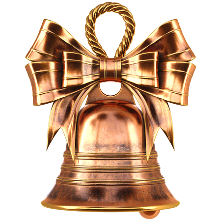 Christmas brass bell with a bow. isolated on white. 3D illustrationの写真素材