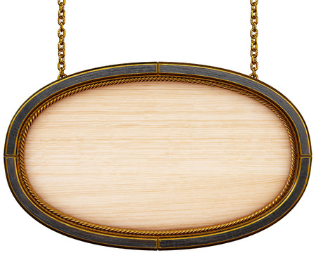 Wooden signboard with chain. Isolated on white background. 3d rendering.の写真素材