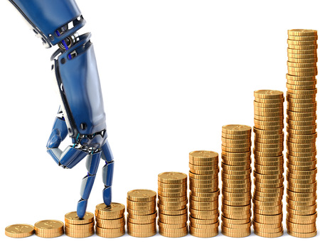 Robot fingers walking up on stacks of coins in 3d rendering.の写真素材