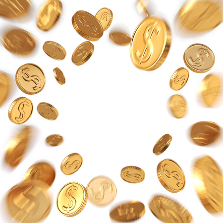 Realistic Gold coins explosion. Isolated on white background. 3d rendering.の写真素材