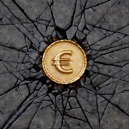 Gold coin with euro sign breaking the rock. 3d illustration.の写真素材