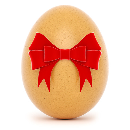 Realistic Easter egg with a big bow on white background. 3d rendering.の写真素材