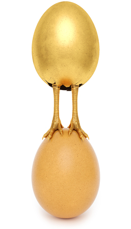 golden egg with golden chicken feet is on the chicken egg. concept of domination and success. isolated on a white background. 3d rendering.の写真素材