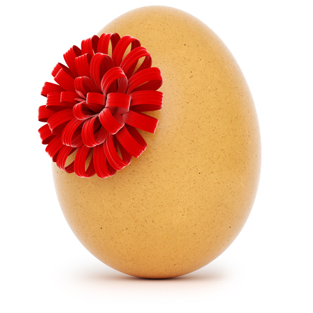 Realistic Easter egg with a big bow on white background. 3d rendering.の写真素材