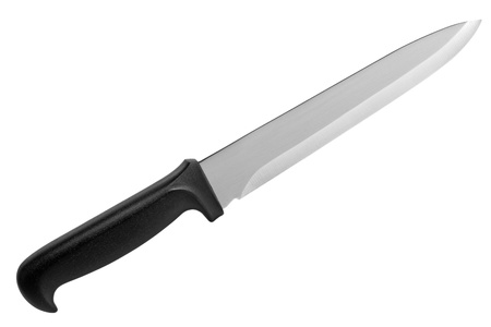 Kitchen knife with a black plastic handle on a white backgroundの写真素材