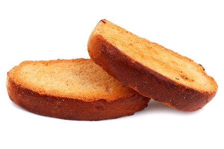 Two rosy bread croutons on a white backgroundの写真素材