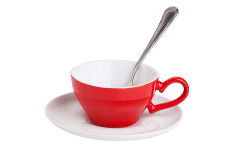 The red coffee cup with spoon on white backgroundの写真素材