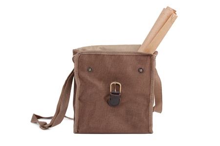 Linen bag with protruding paper roll on a white backgroundの写真素材