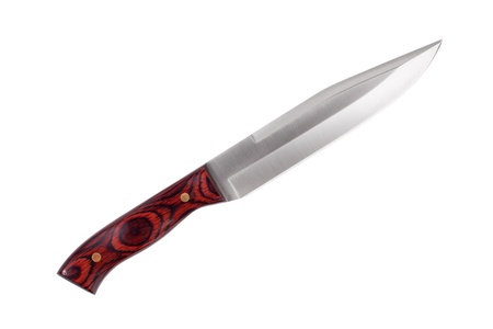 Compact hunting knife with a wooden handle on white backgroundの写真素材