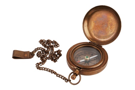 Pocket antique brass compass with chain on white backgroundの写真素材