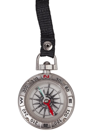 Pocket compass on a black strap on white backgroundの写真素材