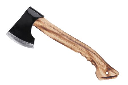 Axe with wooden handle carved on a white backgroundの写真素材