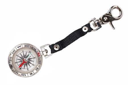 Pocket compass with a metal strap on a white backgroundの写真素材