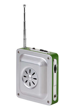 Small pocket radio with an antenna on a white backgroundの写真素材
