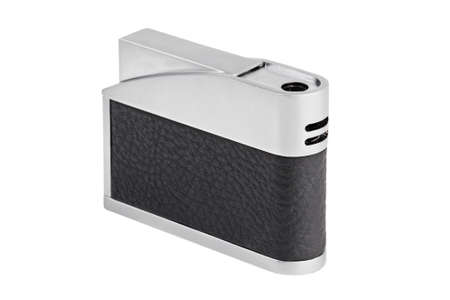 The stylish metal lighter with leather trim on a white backgroundの写真素材