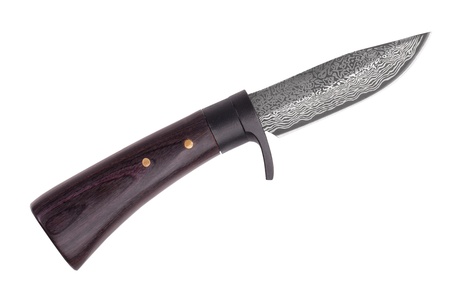 Small hunting knife with a wooden handle on a white backgroundの写真素材