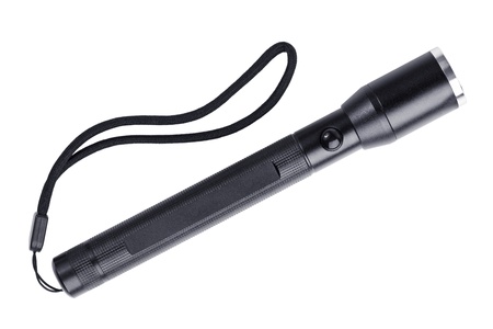 Black metal flashlight with a strap on white backgroundの写真素材