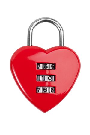 Combination lock with a red heart on  white backgroundの写真素材