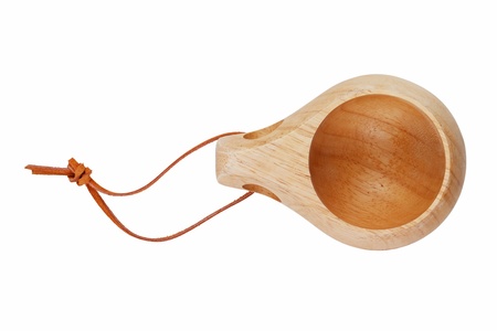 Wooden mug with a leather strapの写真素材