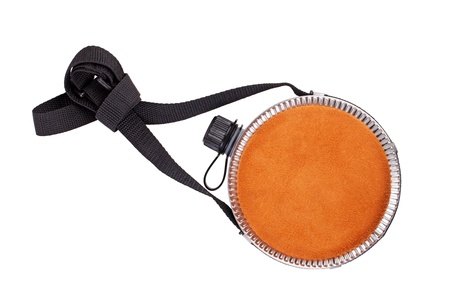Flat flask, decorated with suede on white backgroundの写真素材