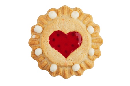 Round cookie with a heart of jam on  white backgroundの写真素材