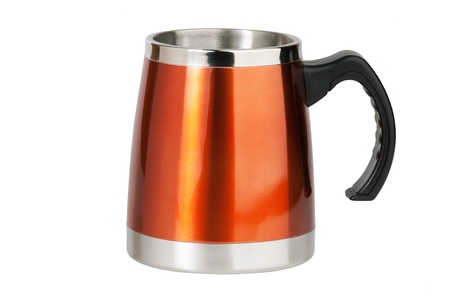 The big red cup with black handle on white backgroundの写真素材