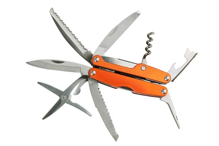 Orange set of tools as knives, scissors, corkscrew, opener and awl bladeの写真素材