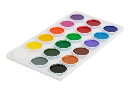 Box with a set of watercolor paints on a white backgroundの写真素材