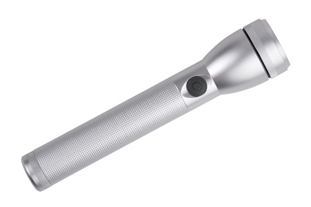 Long aluminum flashlight on a white backgroundの写真素材