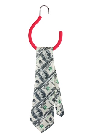 Tie with a picture of one hundred dollar bills on white backgroundの写真素材