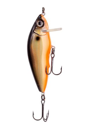 Orange lurefor fishing a predatory fish on white backgroundの写真素材