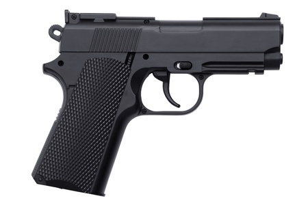 Imitation gun battle on a white backgroundの写真素材