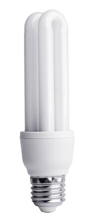 Extended energy-saving light bulb on a gray backgroundの写真素材