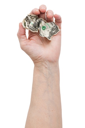 Dollar bill in his hand an old man on a white backgroundの写真素材