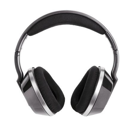 Plastic wireless headphones on a white backgroundの写真素材
