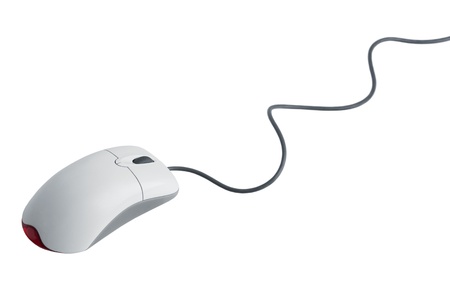 The white plastic computer mouse on white backgroundの写真素材
