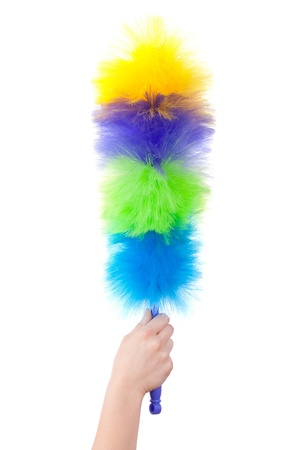 Multi-colored brush for cleaning the dust on a white backgroundの写真素材