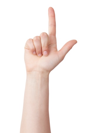 Human hand with a raised index finger on white backgroundの写真素材