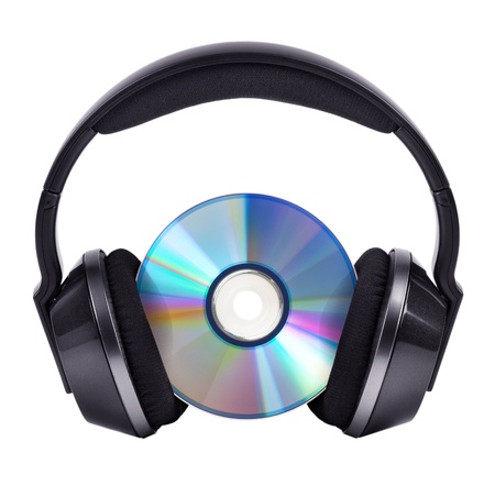 CD in big black wireless stereo headphonesの写真素材