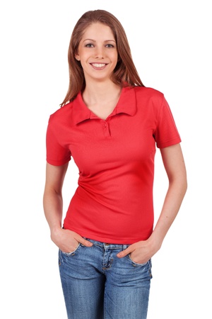 Pretty brunette in blue jeans and a red t-shirtの写真素材