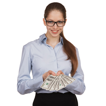 Cute young woman with hundred dollar bills in his handsの写真素材
