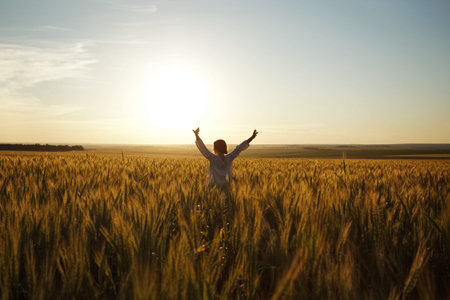 Young woman stands in a field of ripe wheatの写真素材