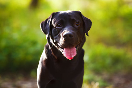 Black labrador retriever sitting and looking at the cameraの写真素材