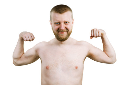 Funny bearded man shows us his bicepsの写真素材