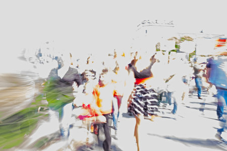 Crowd of different people are walking on streetの写真素材